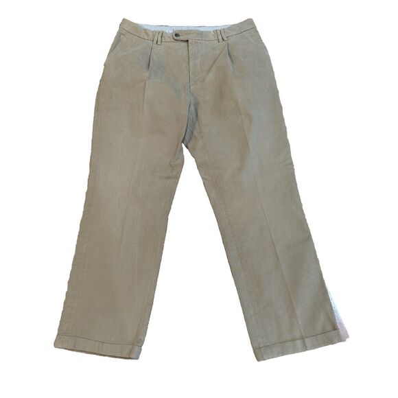 Barbour Mens Pants Moleskin Trousers Size 38 x 31 Khaki Cuffed Pleated Stretch